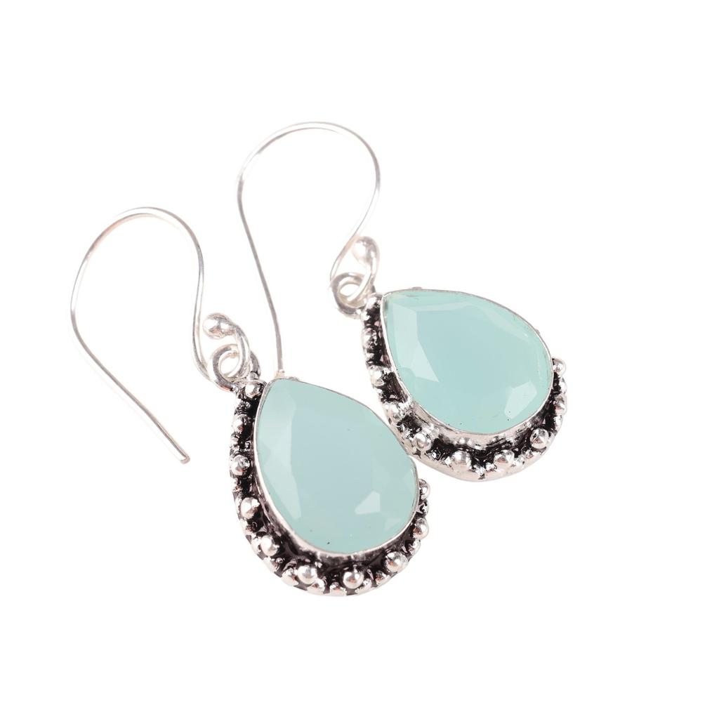 Aqua Chalcedony Gemstone 925 Sterling Silver Jewelry Earrings 1.41" Women's Gift EE-97-17