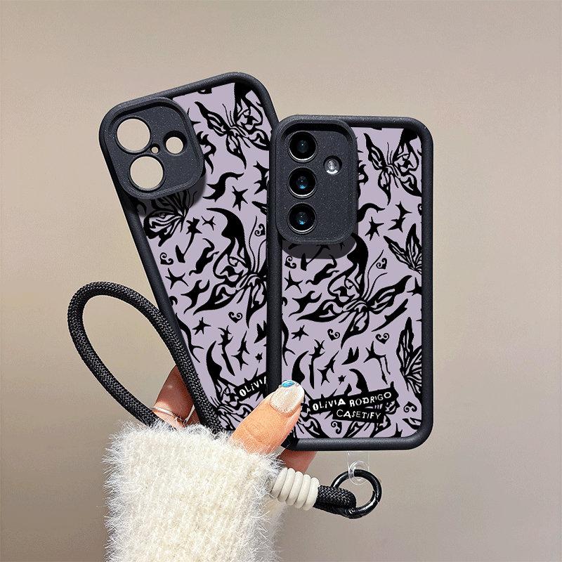 Custodia Moda Stampata con Farfalle Nere + Cordino Nero Guscio Flessibile Morbido in Silicone TPU Copertura Posteriore Completa per IPhone Samsung Xiaomi Redmi