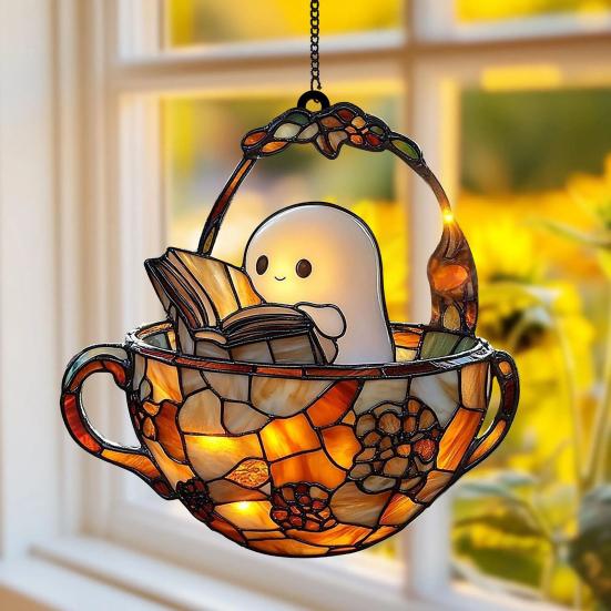 Halloween Acrylic Suncatcher Adorable Ghost Reading Book Pendant Black Cat Teacup Spooky Window Hanging Decoration for Home Parties Festivals