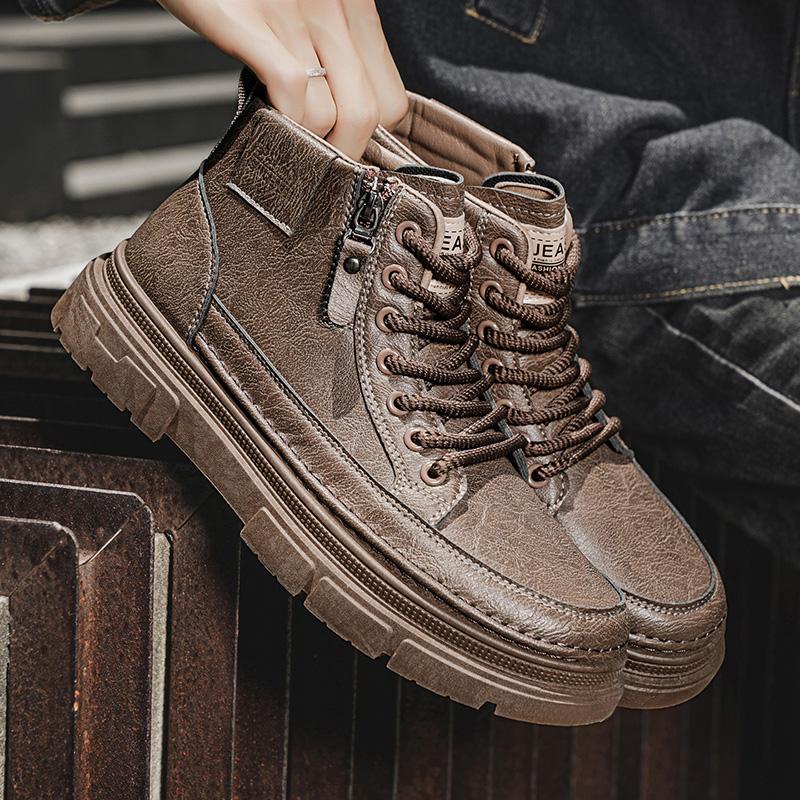 Fashion Casual Shoes for Men Outdoor Leather Board Shoes Comfortable Platform Ankle Short Boots Slip on Male Walking Sneakers