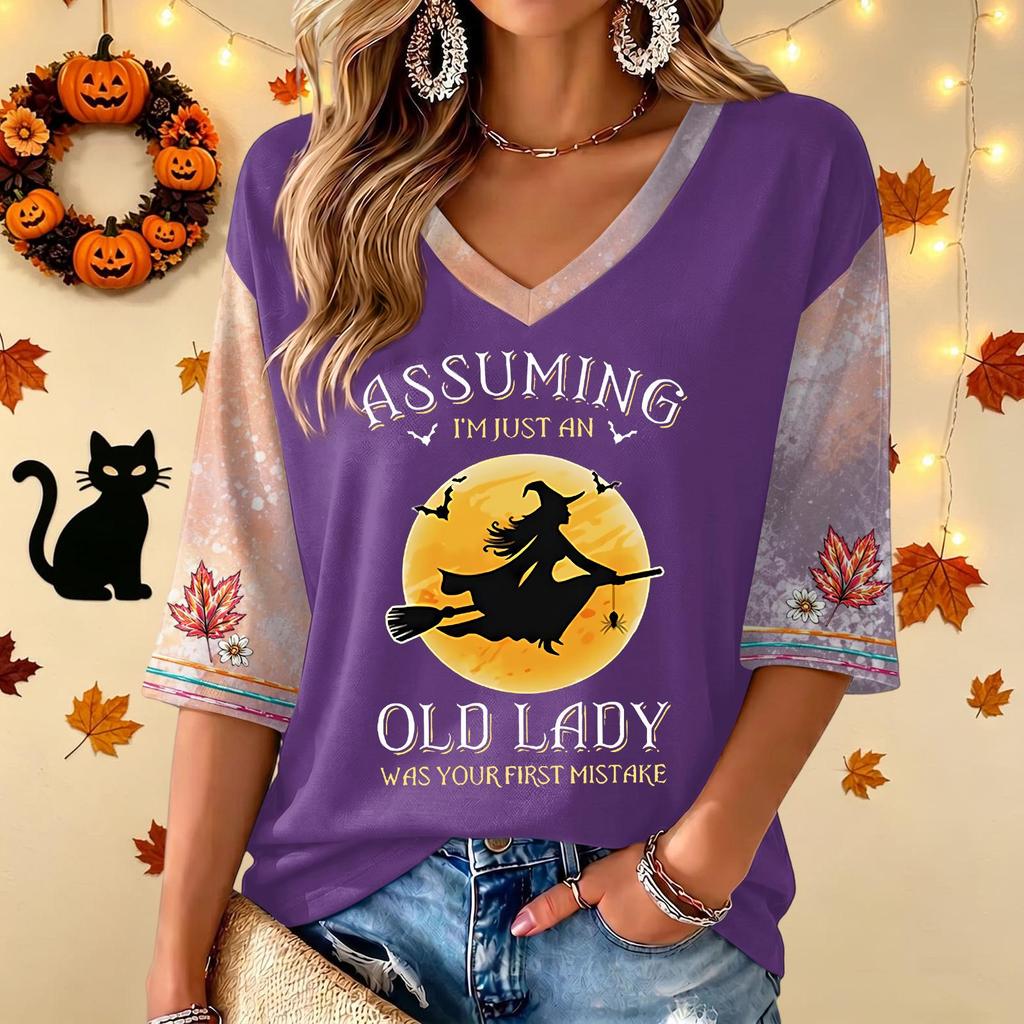 Women's Halloween Print V-Neck 3/4 Sleeve Casual Blouse Top