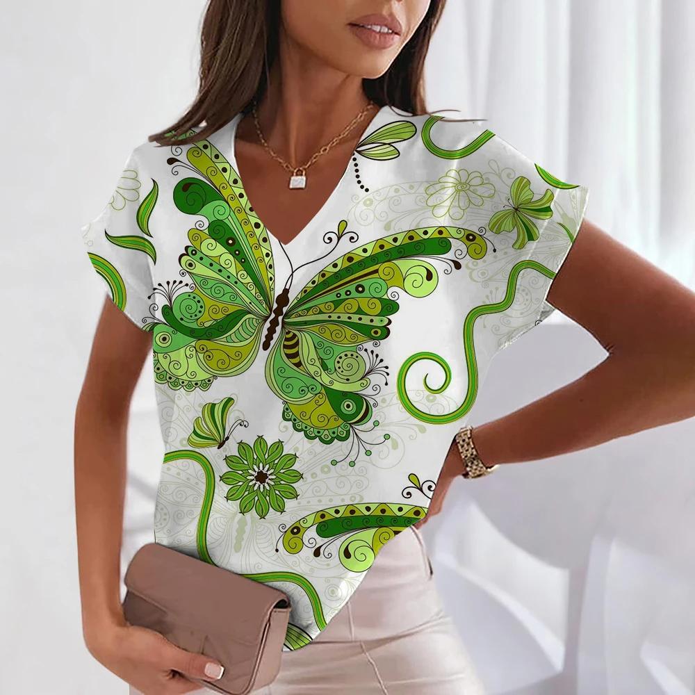 

Ladies T-shirts 3D Clover Printed Short Sleeves Elegant V-neck Pullovers Fashion Streetwear Daily Tops Loose Tees Office Holiday L