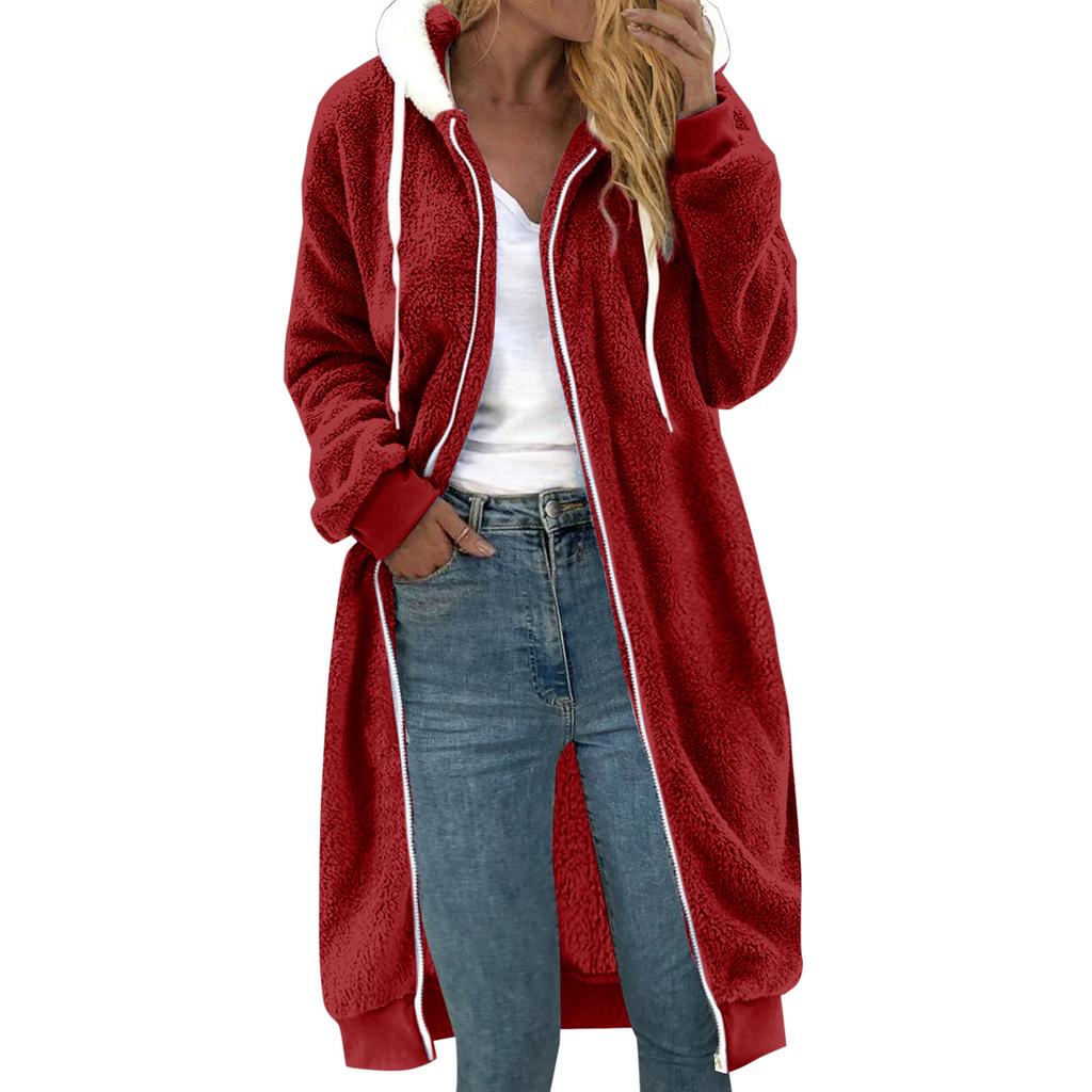 Ladies' Loose Comfortable Casual And Fashionable V-neck Long Sleeved Medium To Long Double-sided Plush Hooded Jacket