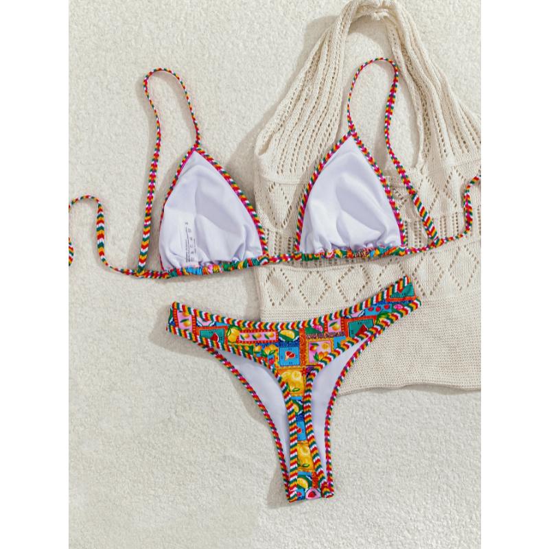 Set Bikini a Triangolo con Stampa Donna Leopardato Pois Stampa Frutta Bordi a Contrasto Laccetti Laterali Sexy Sfacciato Costume da Bagno Estivo da Spiaggia
