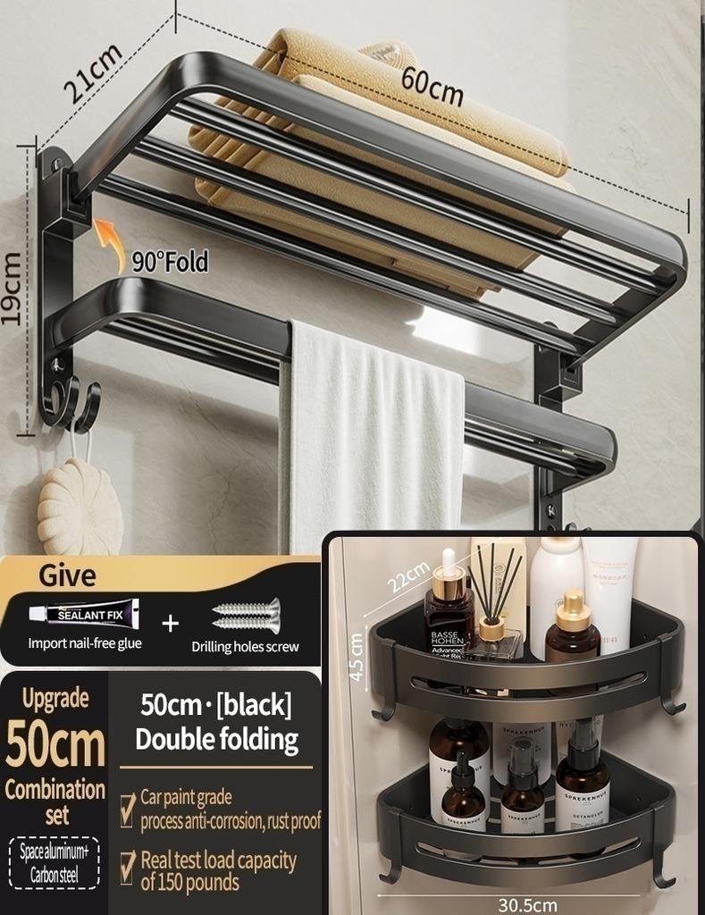 No Drill Bathroom Hardware Towel Rack Black 40CM-60CM Folding Aluminum Towel Rack Holder With Hook Towel Holder Tissue Holder
