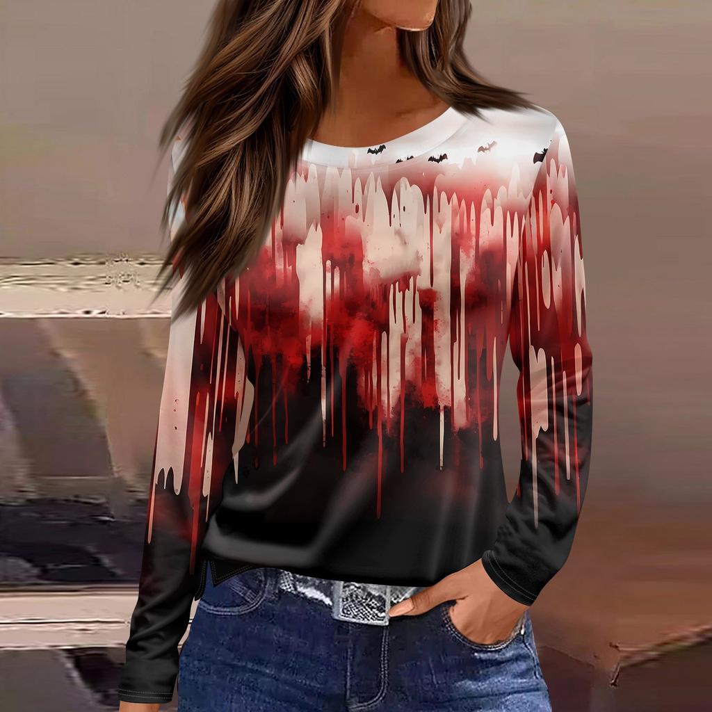 Women's Fashion Casual Slit Hem Round Neck Long Sleeve Loose Halloween Printed T-Shirt Ladies Top