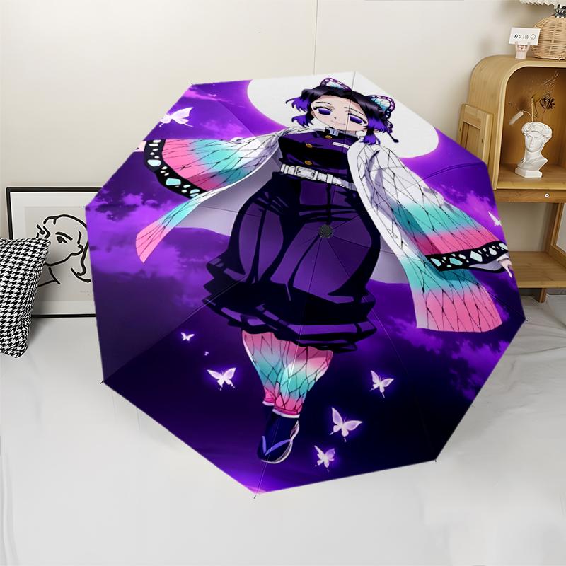 Automatický deštník s potiskem Kochou Shinobu z Demon Slayer, 8 žeber s železnou konstrukcí, plastová rukojeť, vhodný pro cestování venku a denní použití, ideální dárek