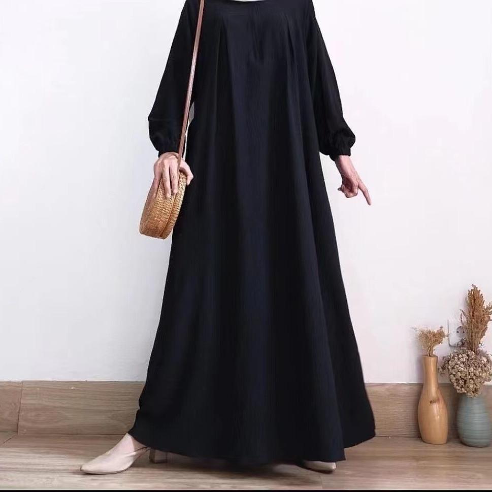 2024 Women's Solid Color Long Sleeve Muslim Dress with Zipper Placket & Elastic Cuffs