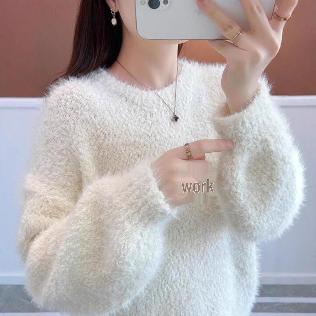 Women's 2025 Faux Mink Velvet Knit Sweater - Cozy Autumn/Winter Round Neck Pullover