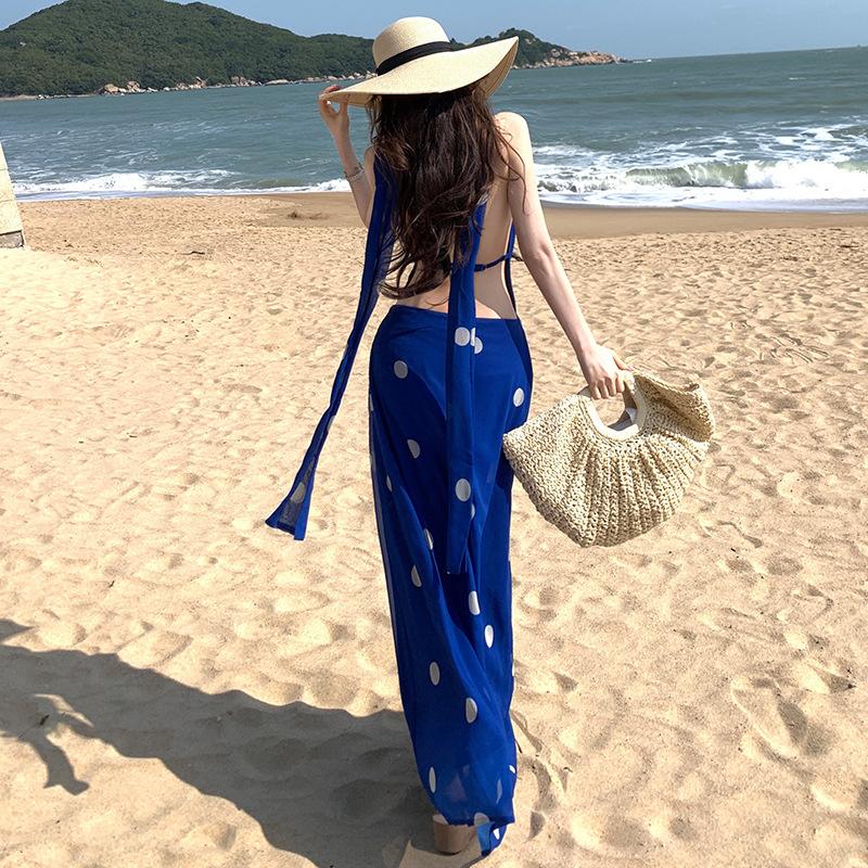 Swinging Collar Polka Dot Print Long Dress Sexy Big Halter Neck Dress Island Vacation Fairy Dress
