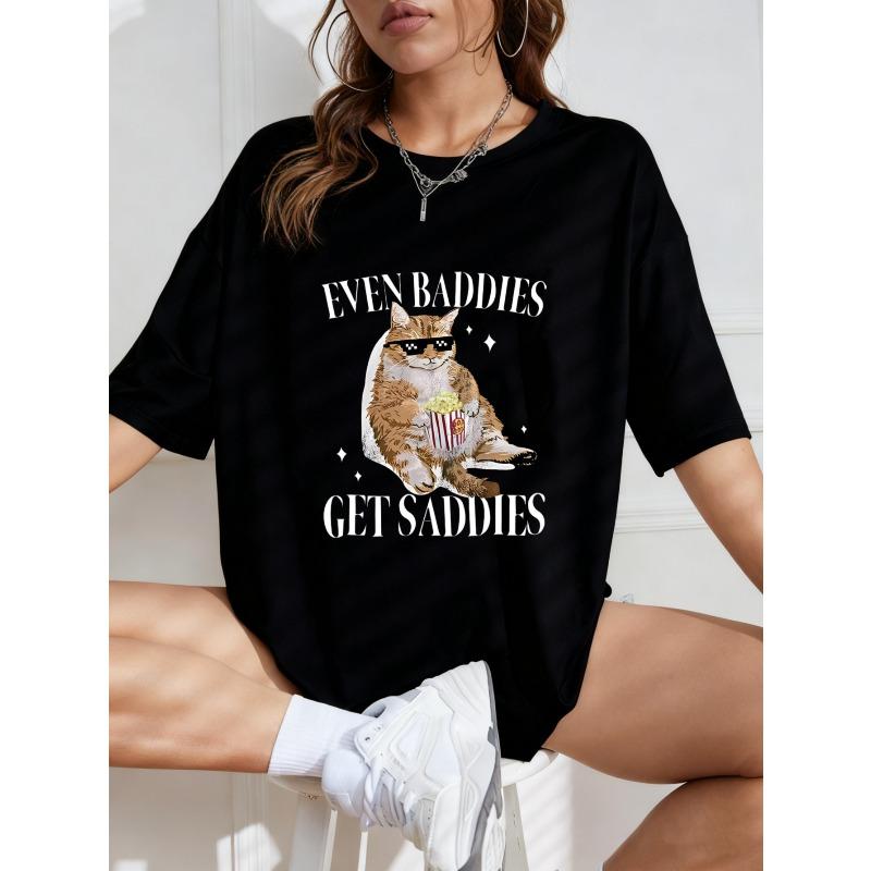 White Oversized T Shirt With Cat And Popcorn Print Even Baddies Get Saddies Text For Casual Wear And Everyday Outfits