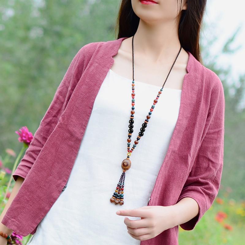 GEMCHIC Women's Ethnic Style Three-Eyed Dzi Bead Long Necklace Handmade Agate Pendant Sweater Chain Vintage Bohemian Jewelry