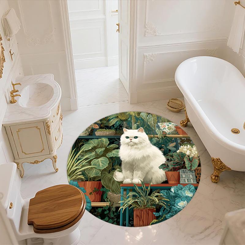 Plant Cat,Round Area Rug,Carpet Rug for Living Room Bedroom Sofa Playroom Decor,Non-slip Floor Mat