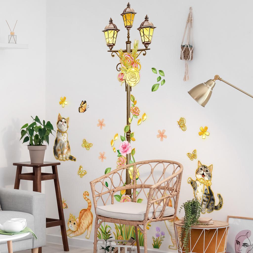 Tj17503 Hand-Painted Cat Street Lamp Flower Bronzing Wall Sticker Decoration Children'S Room Bedroom Background Self-Adhesive Wall