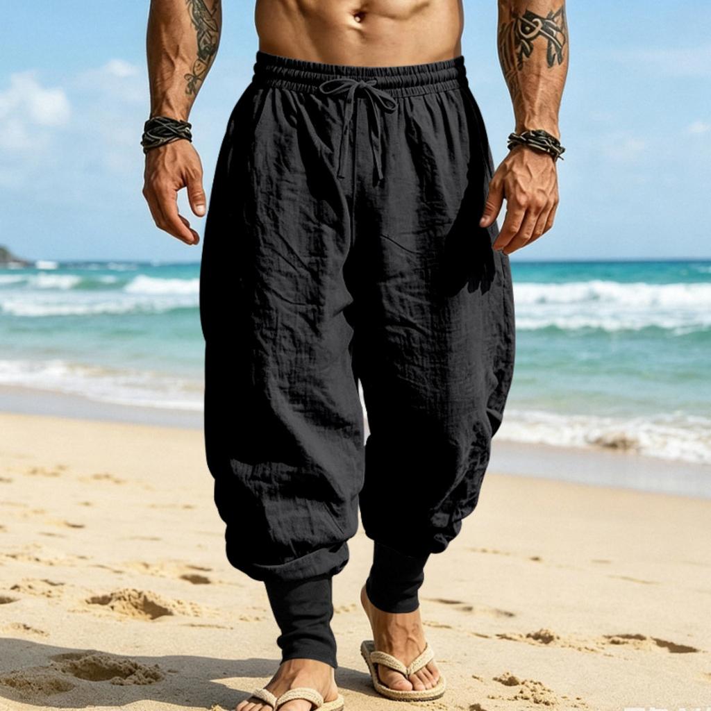 Men Linen Jogger Pants Loose Fit Drawstring Waist Breathable Tapered Leg Cuffed Hem Casual Beach Holiday Trousers