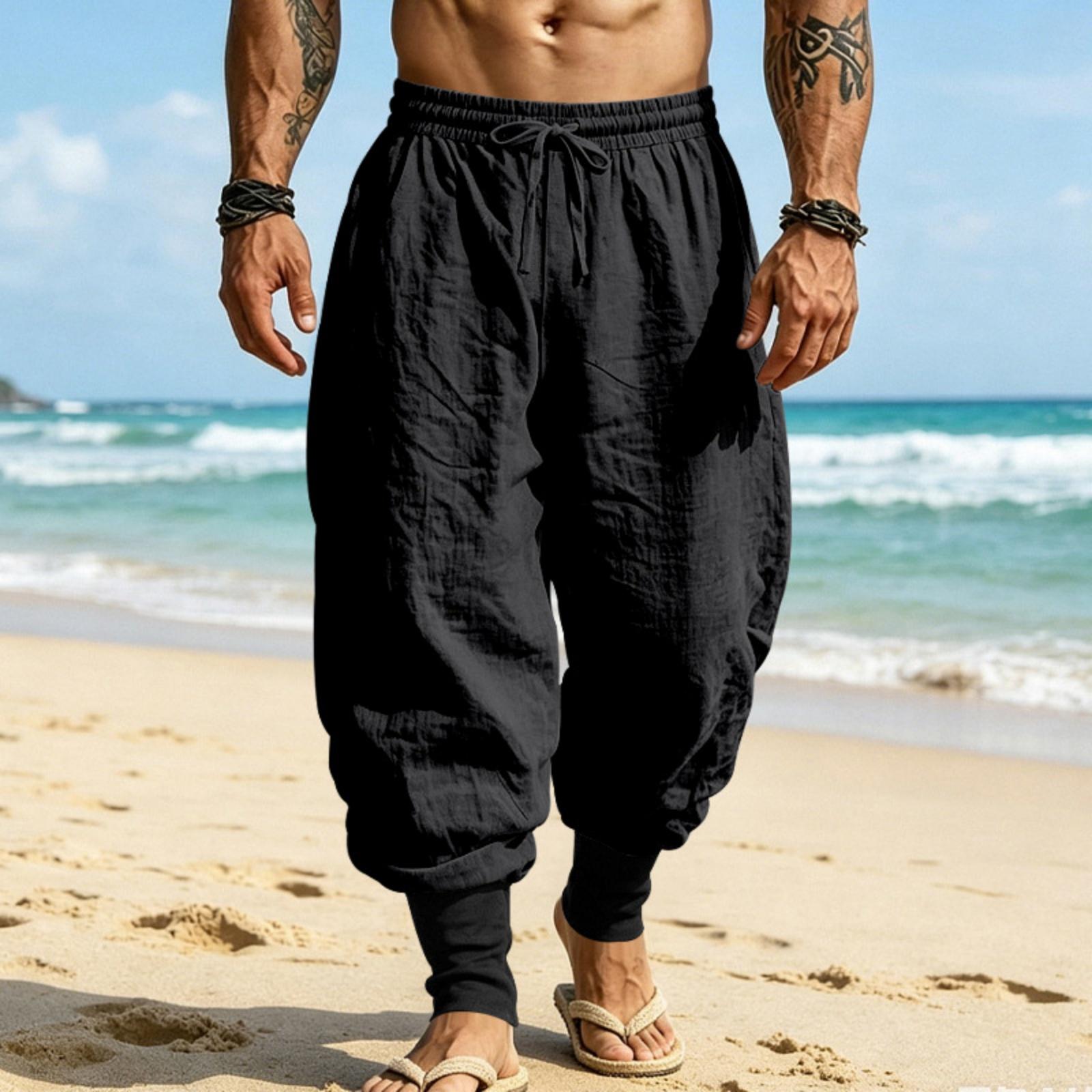 Herren Leinen Jogginghose Lockerer Schnitt Kordelzug Taille Atmungsaktiv Verjüngtes Bein Bündchen Saum Lässige Strandurlaub Hose XXXL schwarz