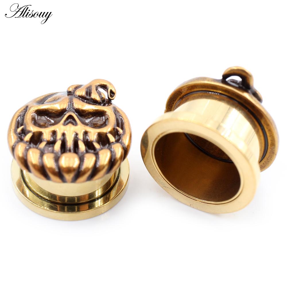 Alisouy 2 buc din oțel inoxidabil craniu de dovleac de Halloween tuneluri pentru urechi dopuri expansor targă cercei piercing bijuterii pentru corp