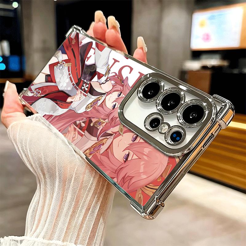 Genshin Impact Anime Plating Phone Case For Samsung Galaxy S24 S25 FE S26 Edge S23 Ultra S22 S21 Plus S20 Anti-Fall Airabag Cove