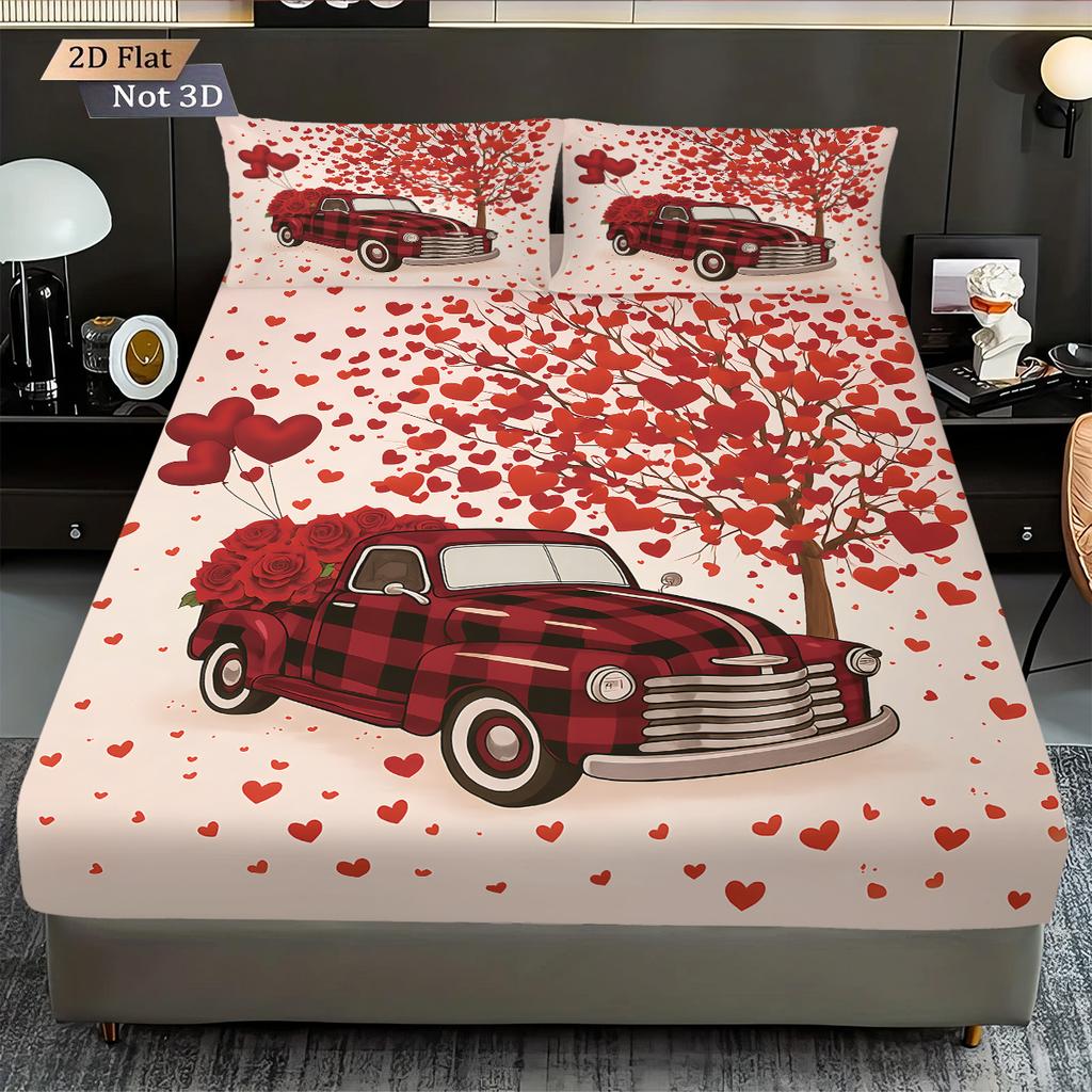3pcs Happy Valentine's Day Red Love Tree Car Printed Chipless Bed Sheet Set Multi Size Bedroom Cover Decoration