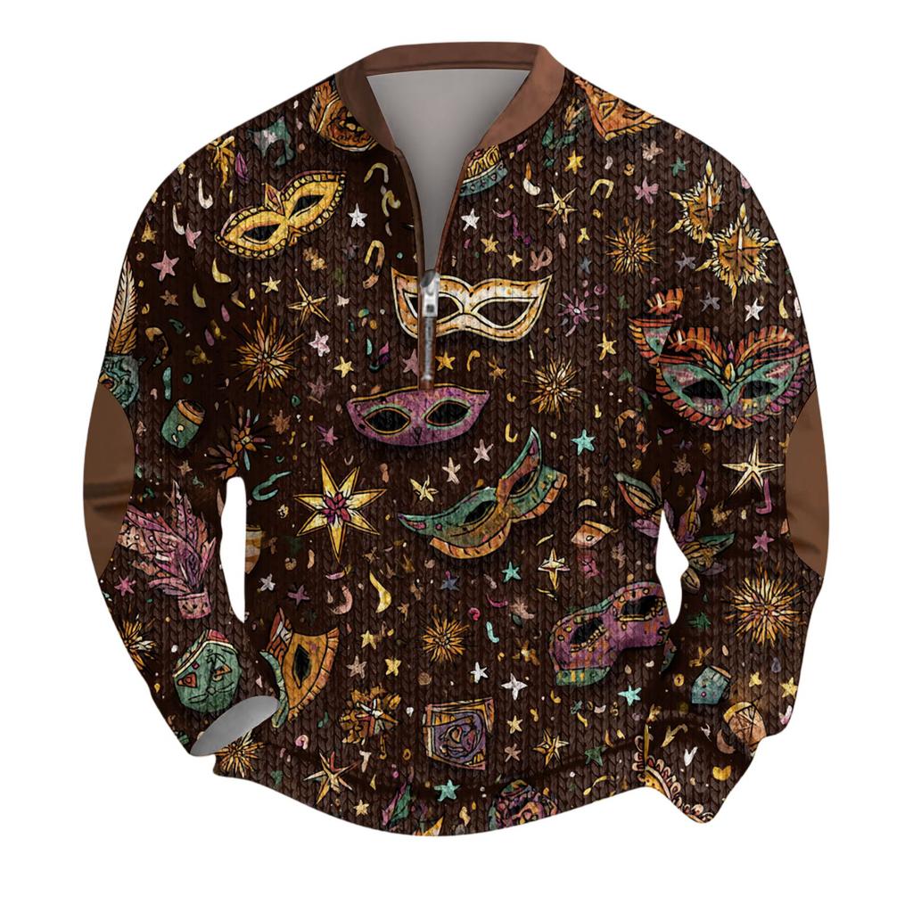 Mens Christmas Sweater Zip Up Sweatshirts Vintage Knit Graphic Sweatshirt CarnivalStand Collar Pullover