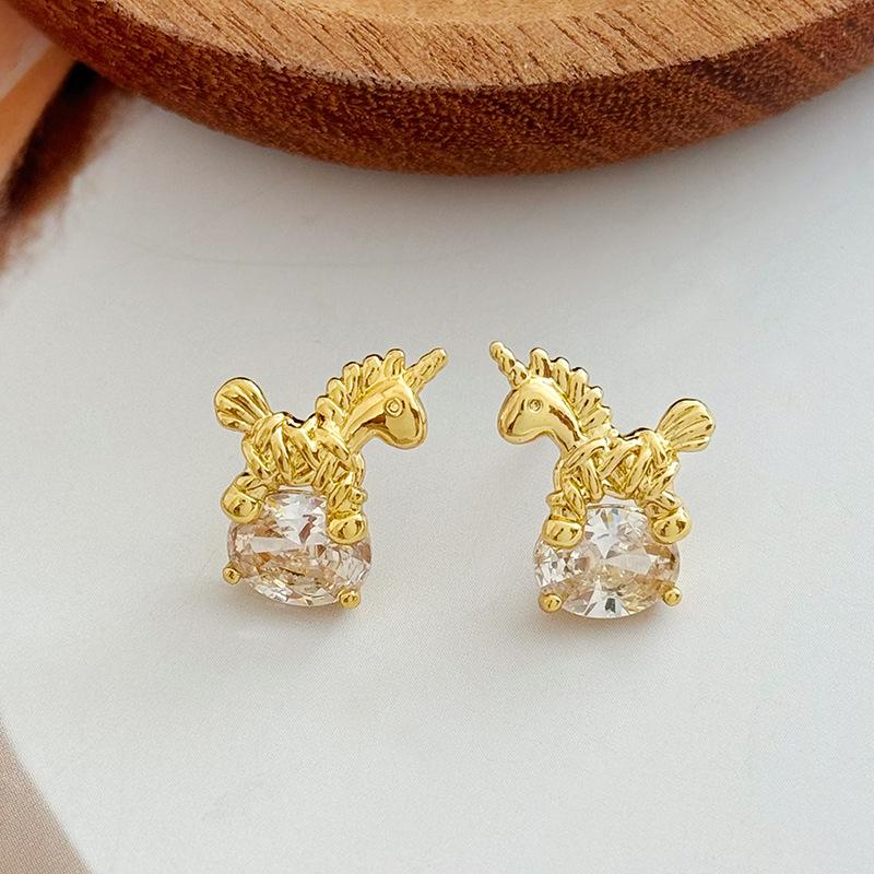 S925 Sterling Silver Unicorn Zircon Stud Earrings - Light Luxury, Personalized Design for Women