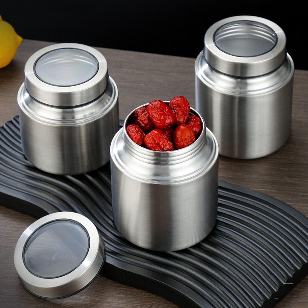Stainless Steel Tea Tin 800/950/1500ml Large Capacity Tea Jar with Visual Cover Moisture-proof Coarse Grains Storage Box