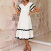 Summer European And American Style Loose Casual V-Neck Layered Long Dress Beach Vacation Wavy Striped Dress