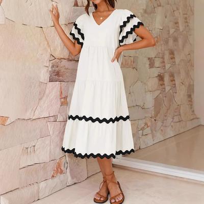 Summer European And American Style Loose Casual V-Neck Layered Long Dress Beach Vacation Wavy Striped Dress