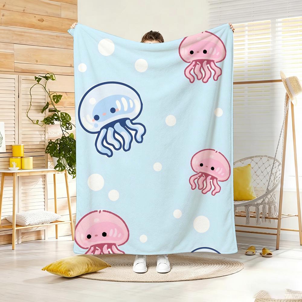 Pastel Underwater Cute Jellyfish Throw Lightweight 240G Flannel Blanket Soft Skin-Friendly For Summer Cooling