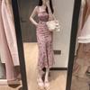 Pink suspender floral dress women's summer coffee break French temperament waist thin hip-wrapped dress