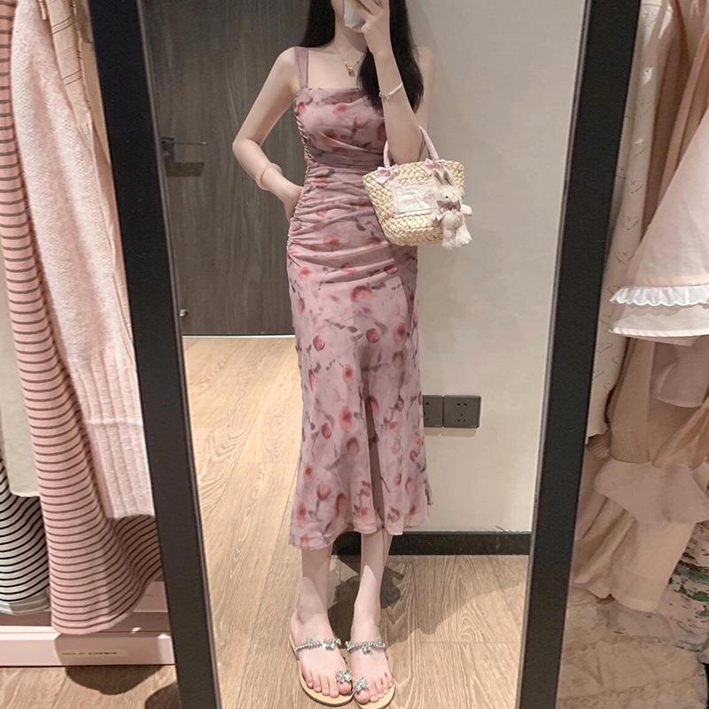 Pink suspender floral dress women's summer coffee break French temperament waist thin hip-wrapped dress