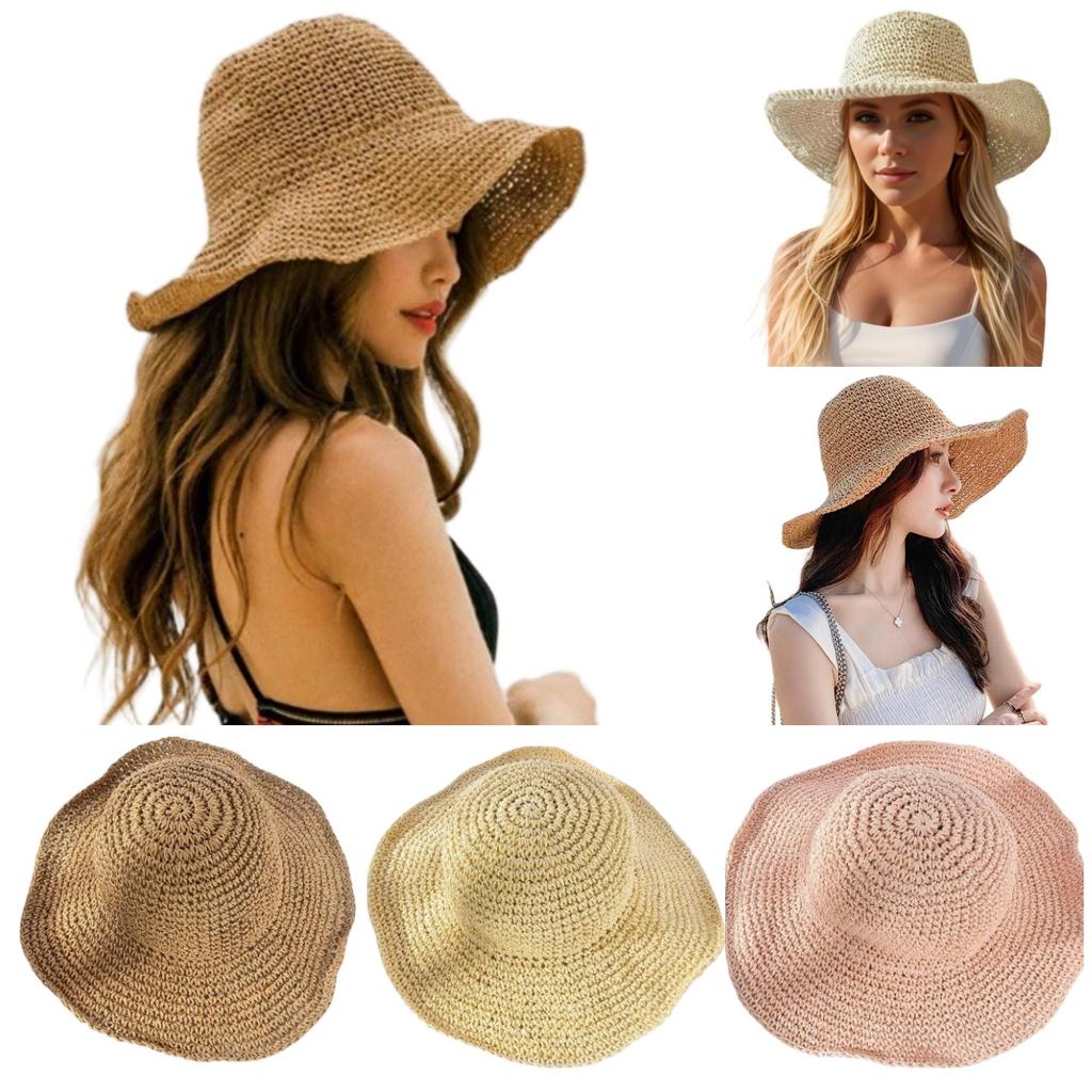 Sommer-Strohhut für Damen, faltbar, natürlicher Stroh-Eimerhut, Outdoor, durchlässig, atmungsaktive Fischerkappe, Reise, Strand
