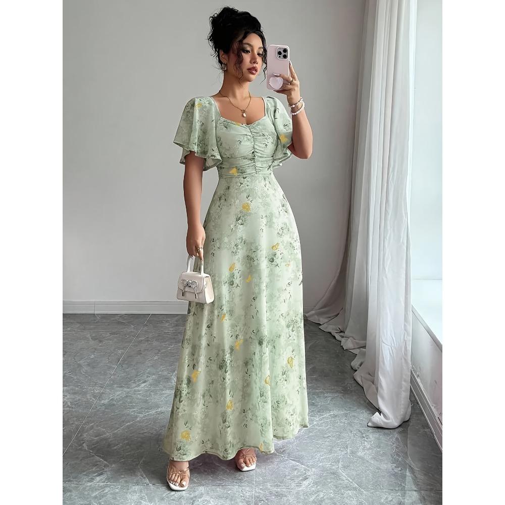 Damen Schmetterlingsmuster Fledermausärmel Chiffonkleid, Plissiert Süß Französischer Stil Sommerkleid, Elegante Koreanische Herbstmode