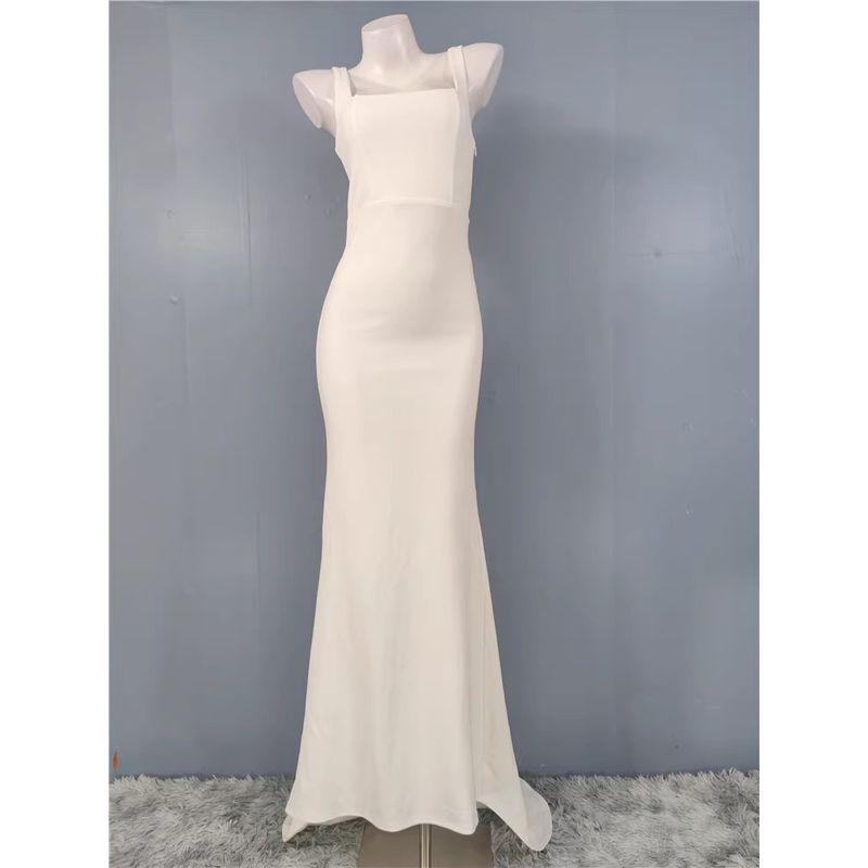 Foreign Trade Order Lu's Twist Simple Backless Sheath Fishtail White Light Wedding Dress Guest Dresses Cocktail Party Jumpsuit Long Dress Women