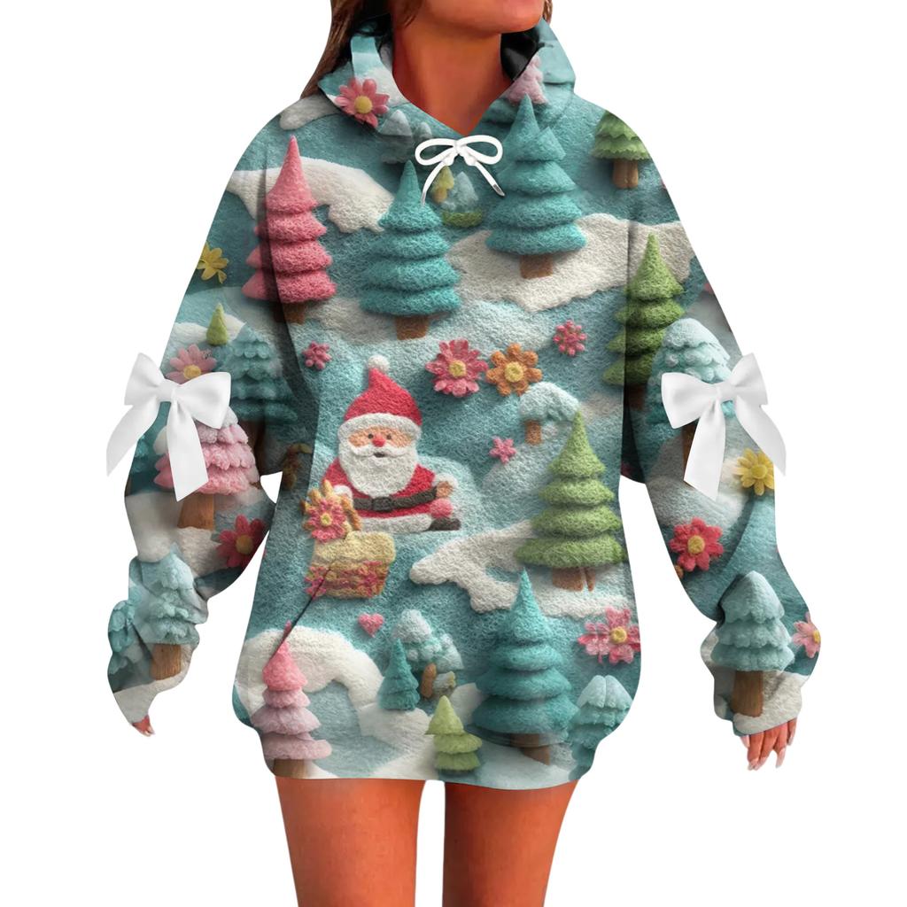 Ladies' Christmas Printed Bow Long Sleeved Loose Fitting Headband With Rope Hooded Sweatshirt Top