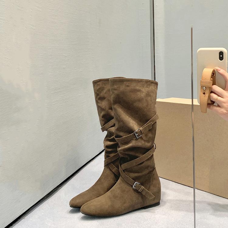 Spot new long boots with an inner height of 5cm, Korean fashionable buckle design, stacked medium boots, thin boots