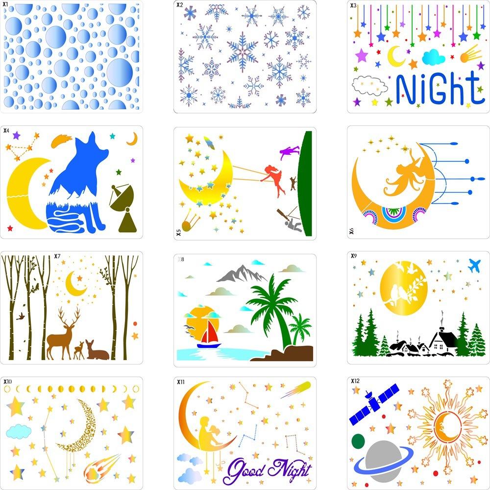12pcs, Creative, Romantic Starry Sky, Hollowed Out Painting Template, DIY Decoration, Wall Painting, Spray Painting, Imitation Board, Graffiti Rubbing