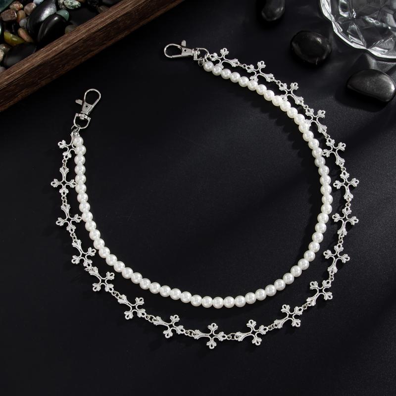 Hip Hop Multilayer Imitation Pearl Cross Charm Jeans Pants Chain Personalized Waist Chain Fashion Wallet Chain Belt Decor