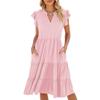 Spring Summer New Solid Color V-neck Loose Short Sleeve Waist-tucked Patchwork Dress for Amazon Cross-border Trade Women