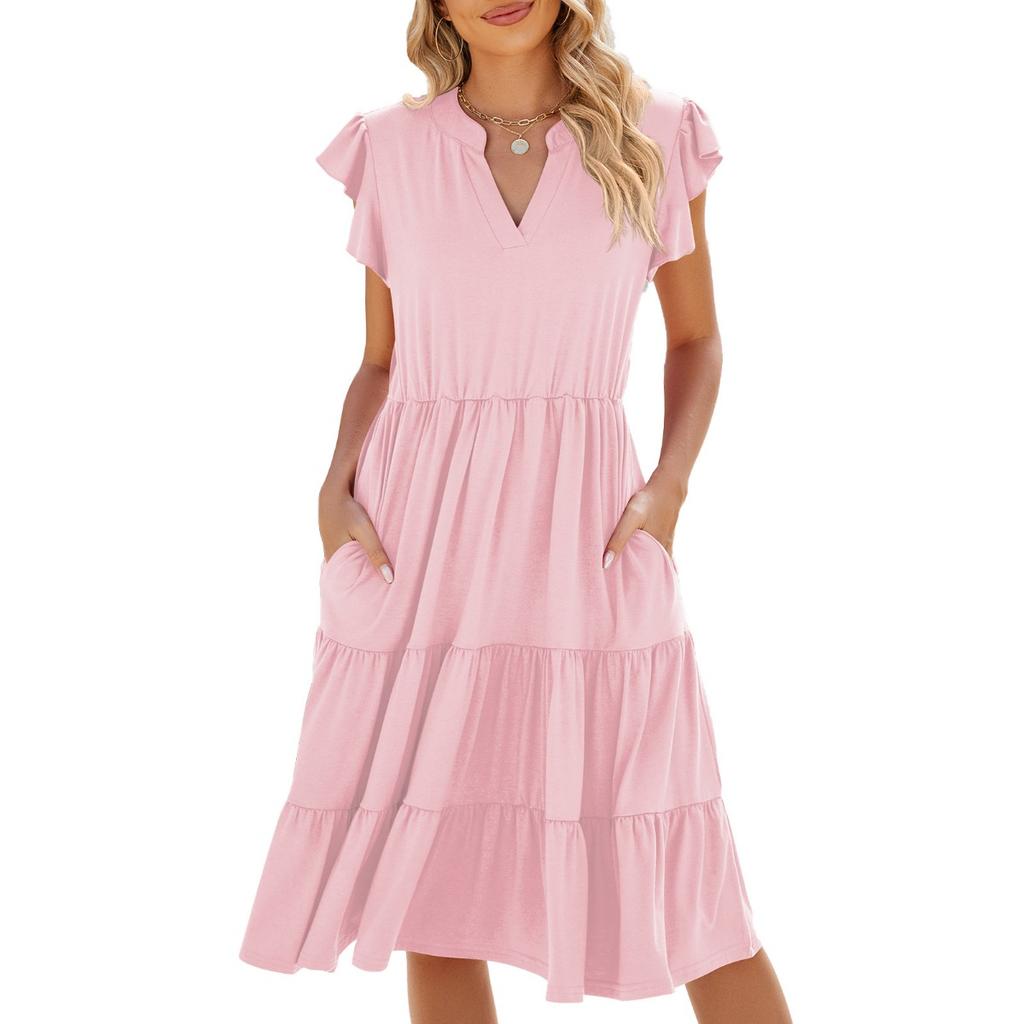 Spring Summer New Solid Color V-neck Loose Short Sleeve Waist-tucked Patchwork Dress for Amazon Cross-border Trade Women