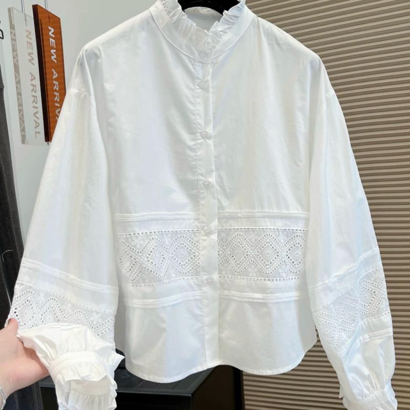 Sweet lotus leaf collar lace hollow lace long-sleeved shirt women's loose Japanese and Korean silhouette commuter versatile top