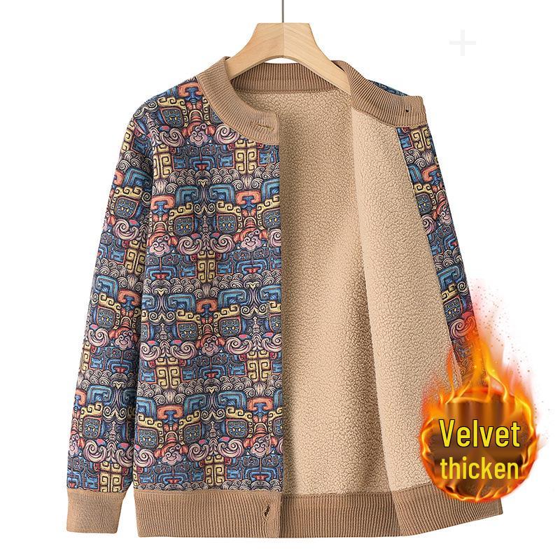 Women's Fleece-Lined Knitted Cardigan - Warm Autumn Winter Jacket for Elderly Ladies