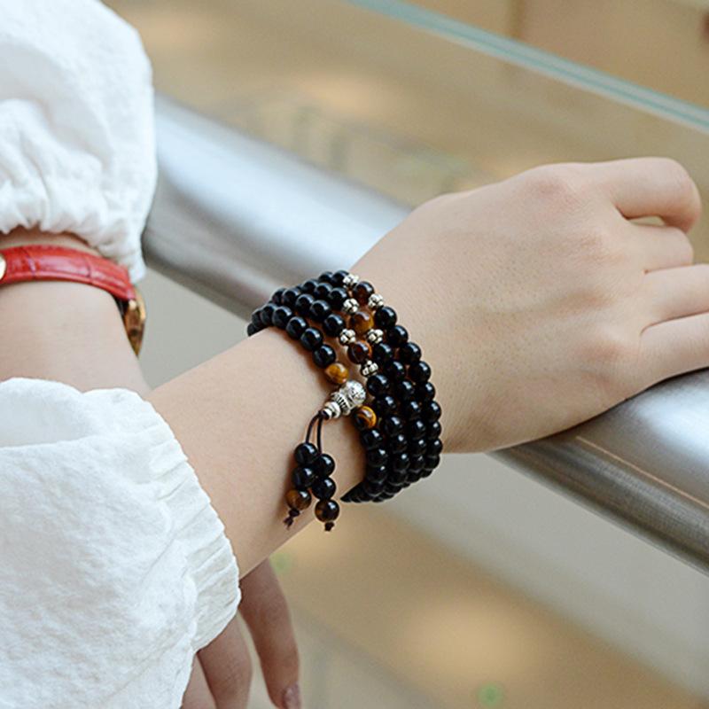 New imitation obsidian bracelet Women's Tiger Eye Stone Bracelet Ethnic Style108Buddhist beads multi-loop crystal jewelry wholesale