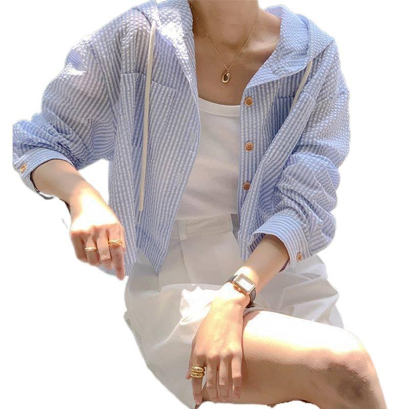 Urban Style Striped Shirt With Polyester Fabric And Single Button Closure For Summer Wear