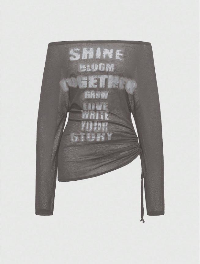 Autumn/Winter Slim Fit Ribbed Long Sleeve Top with Letter Print for Women