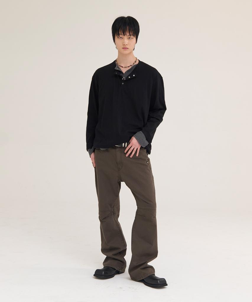 Akesi Contra Layered Henley Neck Long Sleeve_Black And Charcoal