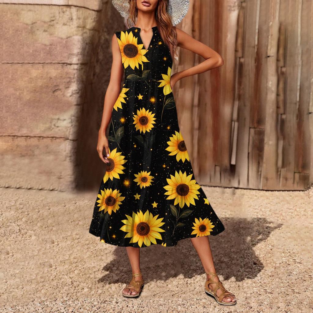 Women's Casual And Fashionable V-neck Sleeveless Printing Mid Length Dress
