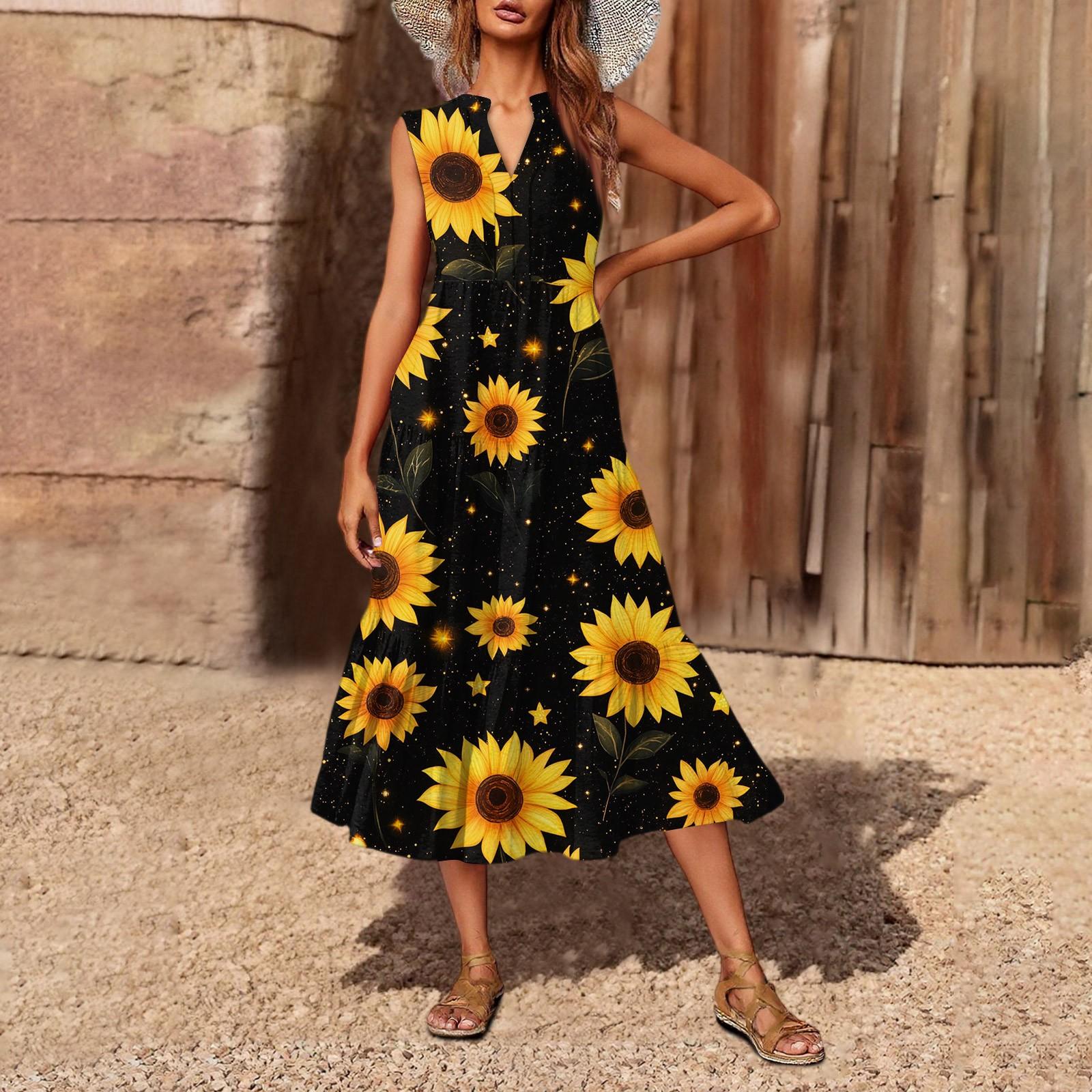 

Женское повседневное и модное платье средней длины с V-образным вырезом без рукавов и принтом S чёрный