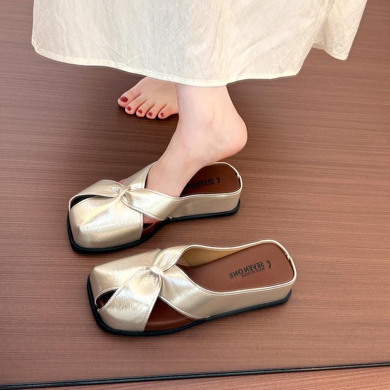Thick Bottom Slope Heel Silver Hollow Bag Head Half Slippers Women's Summer Wear 2025 New French Temperament Roman Cool Slippers