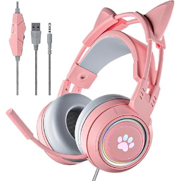 Cat Ear Headphones Purple Gaming Headset with Mic for Switch Xbox One PS4 PS5, Cute Girl Kids Wired Headphones Light up Kawaii Kitty Noise Cancelling